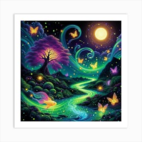 Stream With Bioluminescent Fish Butterflies Sun Spinning Wind Tree 5 Art Print