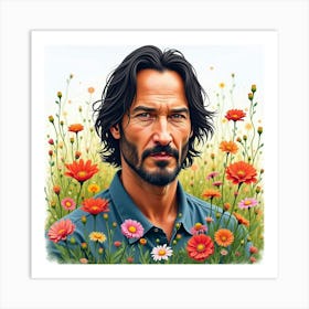 Watercolor Of Keanu Reeves Against A Vibrant Field Of Blooming Wildflowers 1 Art Print