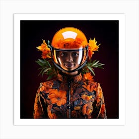 Firefly Striking Portrait, Futuristic Helmet, Glowing Plant, Vibrant, Bright Orange, Dark Background (9) Art Print