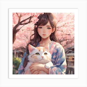 Japanese Girl With Cat Art Print Art Print