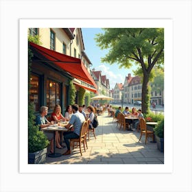 An English Outdoor Café With Patrons Enjoying Brunch And A Sunny Day 1 Art Print