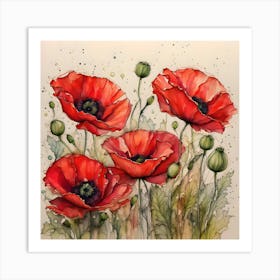 Vibrant Red Poppies With Alcohol Ink Painting Art Print