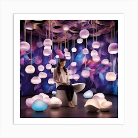 Woman Sitting In A Room With Colorful Lights Art Print