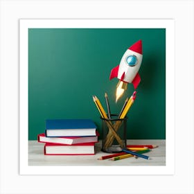 Rocket Ship With Pencils And Books Art Print