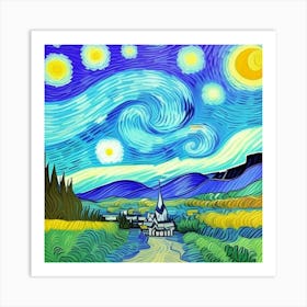 Nature’s Embrace: A Quaint Village Haven Starry Night Art Print