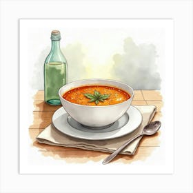 Watercolor Portrayal Of A Savory And Comforting Lentil Soup On A Stylish Kitchen Table Art Print