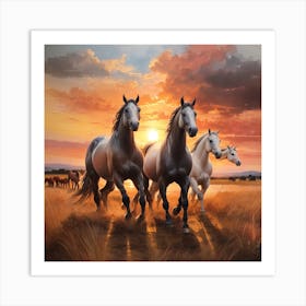 Horses At Sunset Art Print