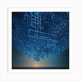 Geometric Blue Cubes Form A Grid Like Network Suspended In Mid Air, Representing The Complexity Of Digital Systems Through Futuristic 3d Visualization 3 Art Print