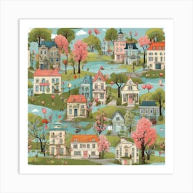 Pink Houses On A Lake Art Print