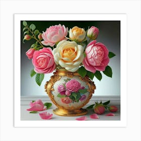 Roses In Antique fuchsia jar Art Print