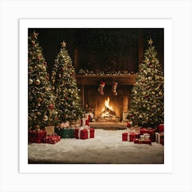 Christmas Trees In Front Of Fireplace Art Print