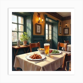 A Traditional English Pub With A Hearty Meal On The Table, Watercolor Art Art Print