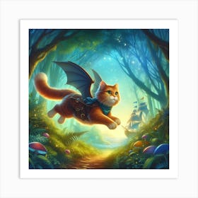 Cat Flying In The Forest Art Print