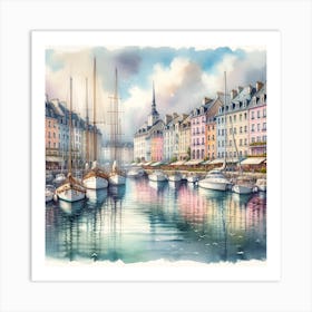 Watercolor Of A Harbor In France Art Print