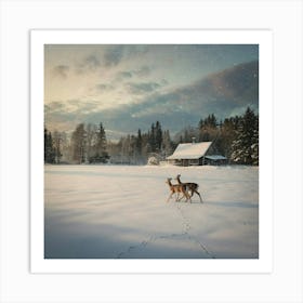 Two Deer In The Snow 3 Art Print