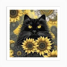 Black Cat With Sunflowers Art Print