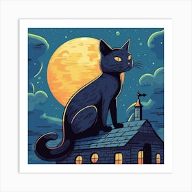 Black Cat On The Roof Art Print