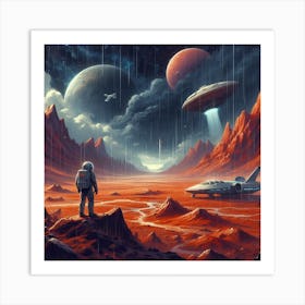 Astronaut With Spaceships On Mars Art Print