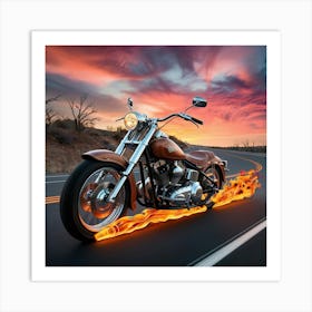 Motorcycle On Fire At Sunset Art Print