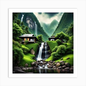 Waterfall In The Mountains Art Print