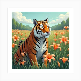 Tiger In A Field Of Lilies 1 Art Print