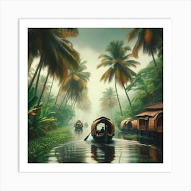 Kerala Houseboats In The Mist Art Print