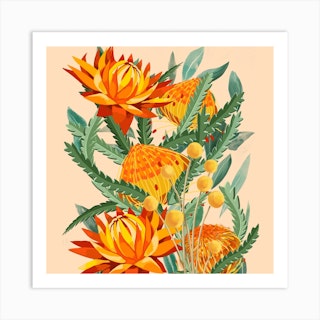 Orange Australian Native Flowers Square Art Print
