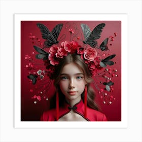 Chinese Girl With Flowers Art Print