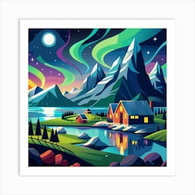 Night Landscape With Aurora Borealis Over Mountains Art Print