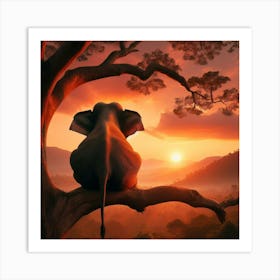 Sunset Elephant In Tree Art Print