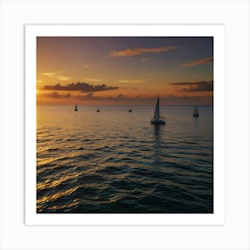 A Vibrant Sunset Over A Calm Ocean With Sailboats On The Horizon Art Print