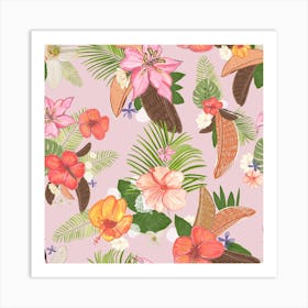 Tropical Watercolor Flowers And Leaves Pattern Square Art Print