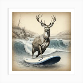 Deer On Surfboard Art Print