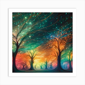 A captivating scene of trees that appear to be alive, with twinkling lights and vibrant 9 Art Print