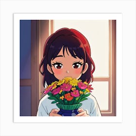 Anime Girl Holding Flowers 1 Art Print