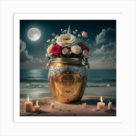 A golden jar on beach under moonlight Art Print