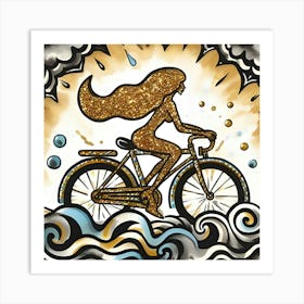 A Glittering Mermaid Riding A Polka Dotted Bicycle, Inspired By The Bold And Graphic Designs Of Keith Haring, With A Black And Gold Palette, Where The Mermaid Is In Focus And The Surrounding Sea And Sky Are Blurred Into Abstract Shapes 3 Art Print