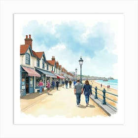 A Watercolor Of An English Seaside Town With People Exploring The Boardwalk And Shops 1 Art Print