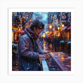 Man Playing Piano In The Snow Art Print