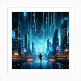 Ai Encapsulates A Futuristic Cityscape Algorithms Visualized As Glowing Streams Flowing Into Encryp Art Print