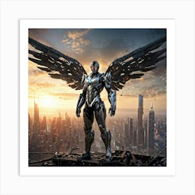 Futuristic Superhero Robot With Damaged Steel Wings And A Human Face Standing Amidst A Sprawling Ci Art Print