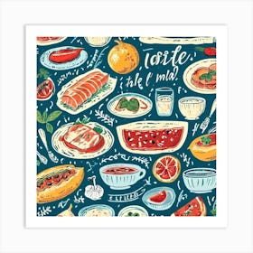 Italian Food, Food And Drink Seamless Pattern, Foodie Traveler A Delicious Pattern Featuring Iconic Dishes From Different Countries Art Print