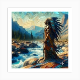 Native American Warrior By The Stream 2 Copy Art Print