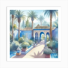 Watercolor Of A Moroccan Garden Jardin Majorelle Morocco Modern Blue Illustration 5 Art Print Art Print