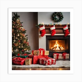 Christmas Presents In Front Of Fireplace 3 Art Print