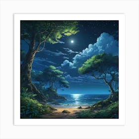 Moonlit Seashore Flanked by Lush Greenery on a Clear Night Art Print