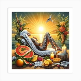 Tattooed Woman Relaxing At The Beach Art Print