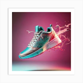 Firefly Sneaker, Flashy, Turquoise, Pink, Leather, Magic, Jumping, Sole, Floating, White, Backdrop, (11) Art Print