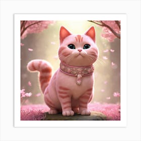 Pink Cat In Cherry Blossoms Art Print