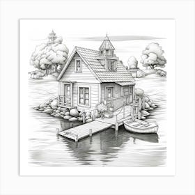 House On The Lake,A black and white drawing of a house on a dock Art Print